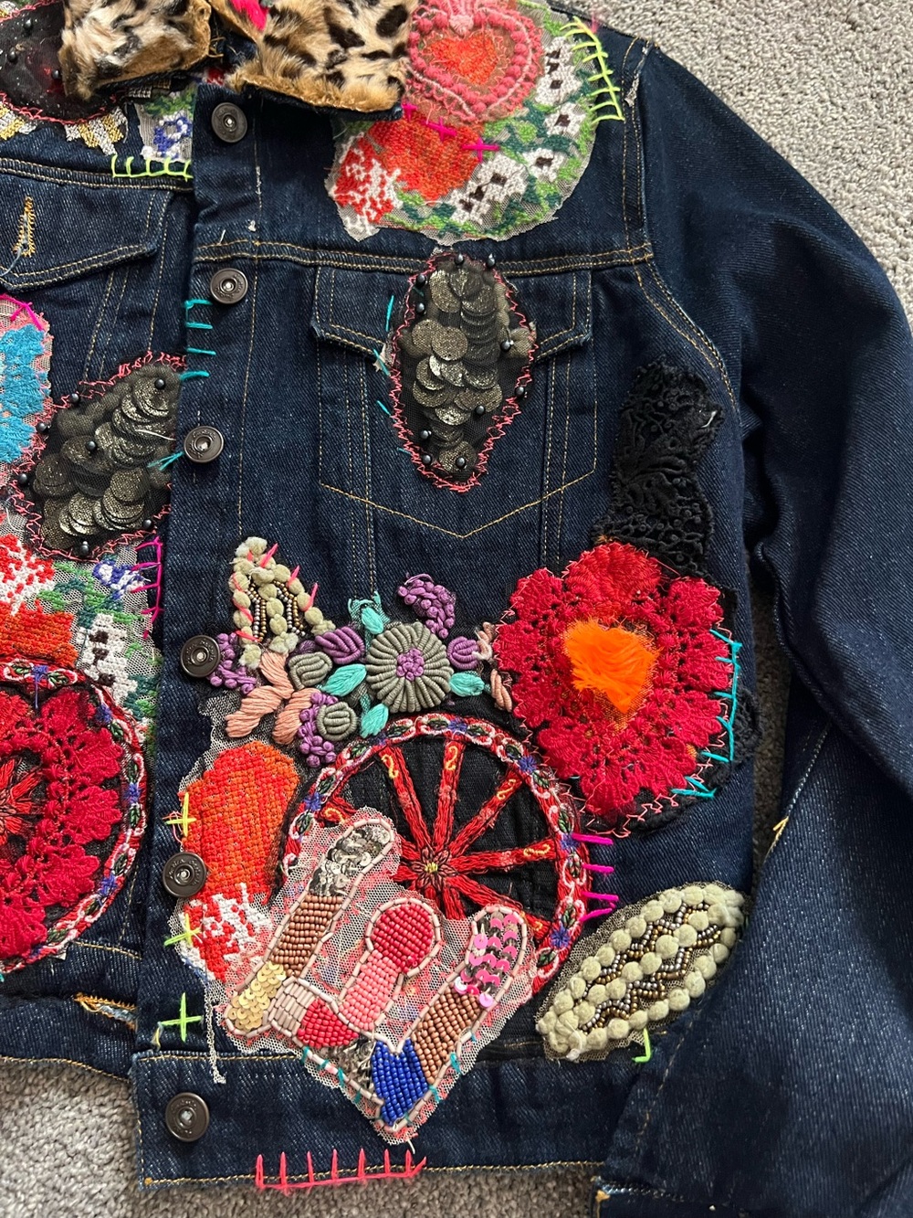 Antica Santoria Embroidered Denim Jacket with Fuschia and Leopard Trim - Picture 3 of 15